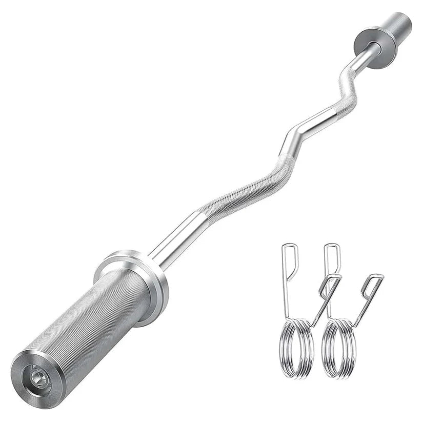 Silver curl bar with two attachments on a white background
