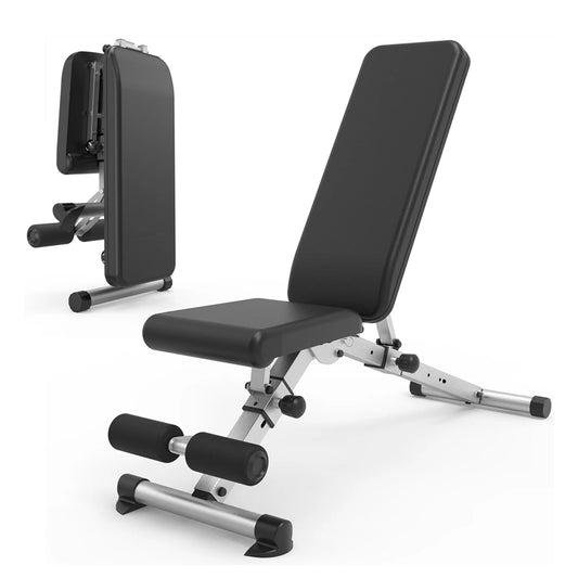Black adjustable weight bench on a white background