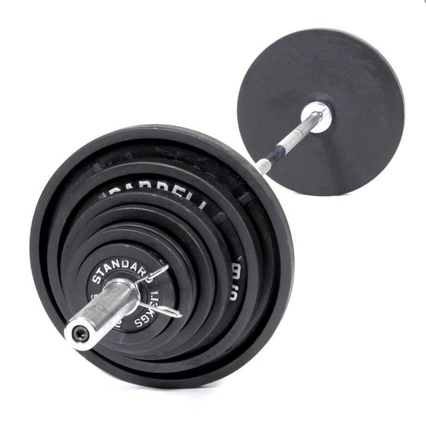 Set of black bumper plates with weight markings on a white background