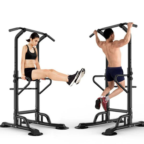 Two people using a black pull-up bar and exercise station on a white background