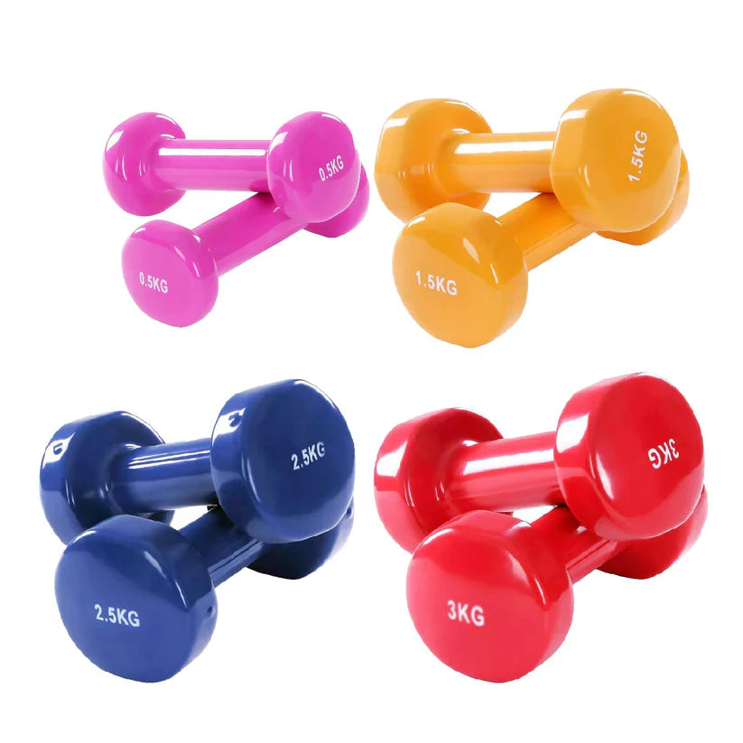 Set of colorful dumbbells with weight markings on a white background