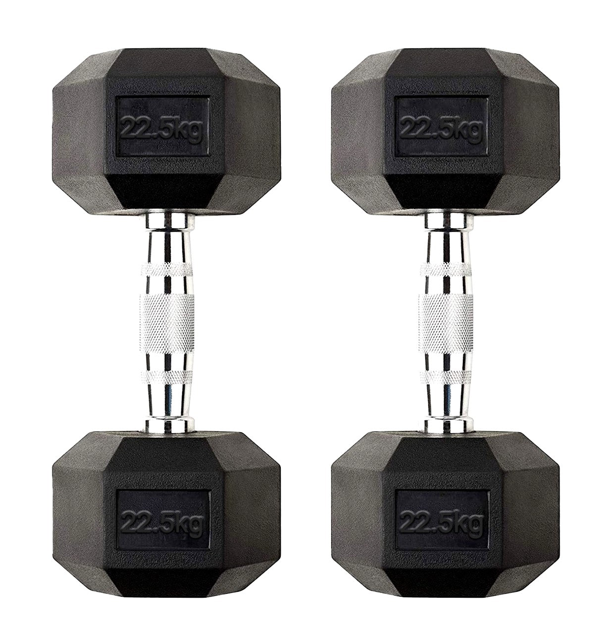 Pair of black hexagonal dumbbells with '22.5kg' marking on a white background
