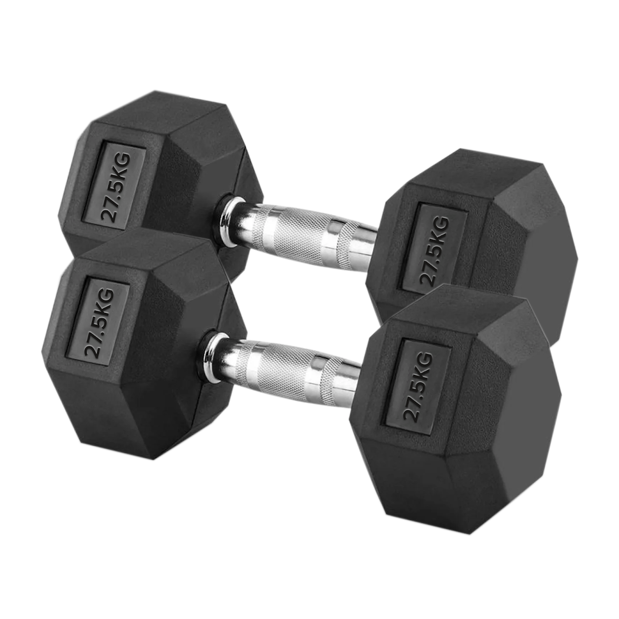 Pair of black hexagonal dumbbells with '27.5KG' marking on a white background