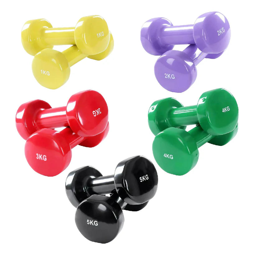 Set of colorful dumbbells with weight markings on a white background