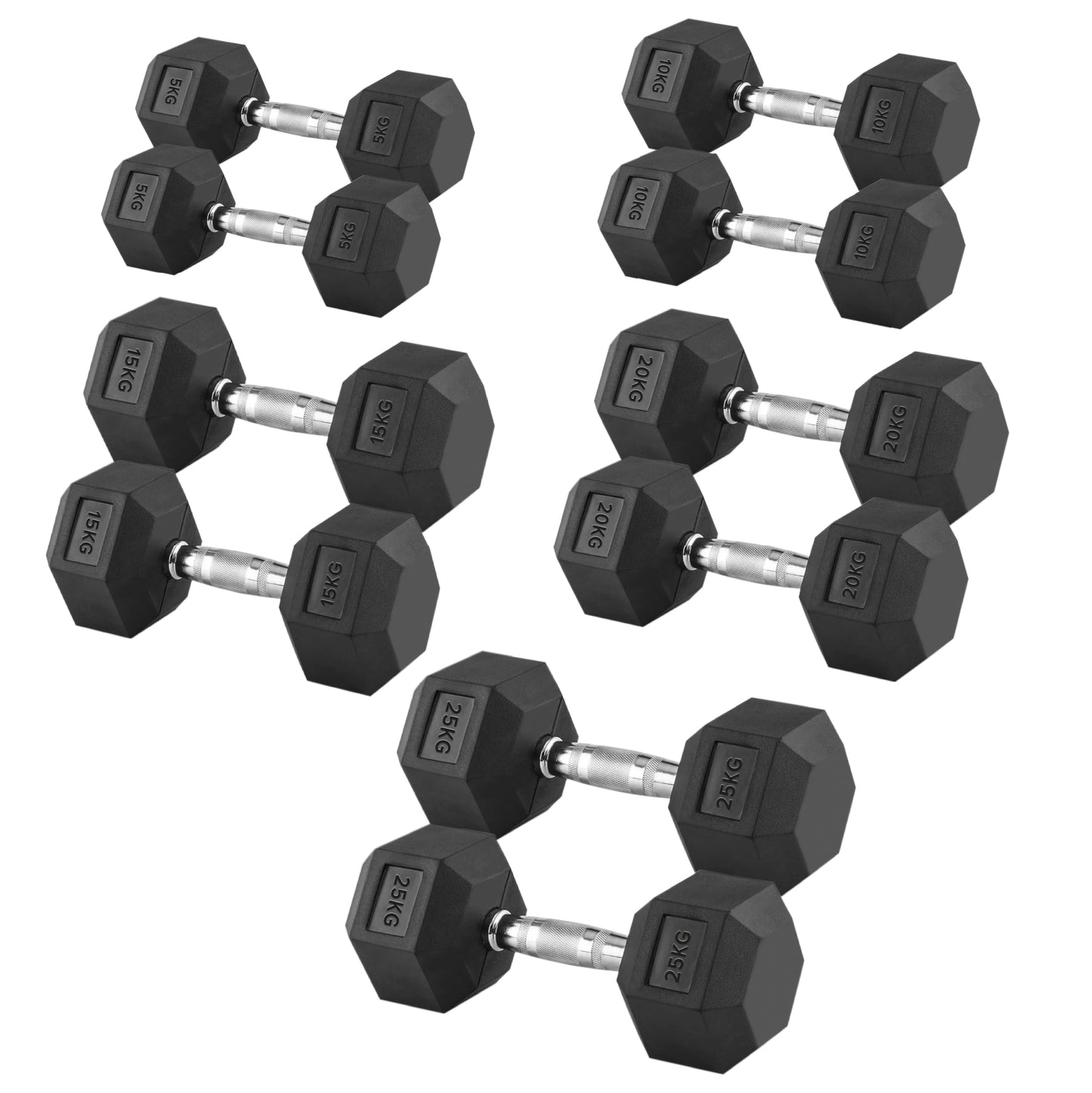 Set of black hex dumbbells with weight markings on a white background
