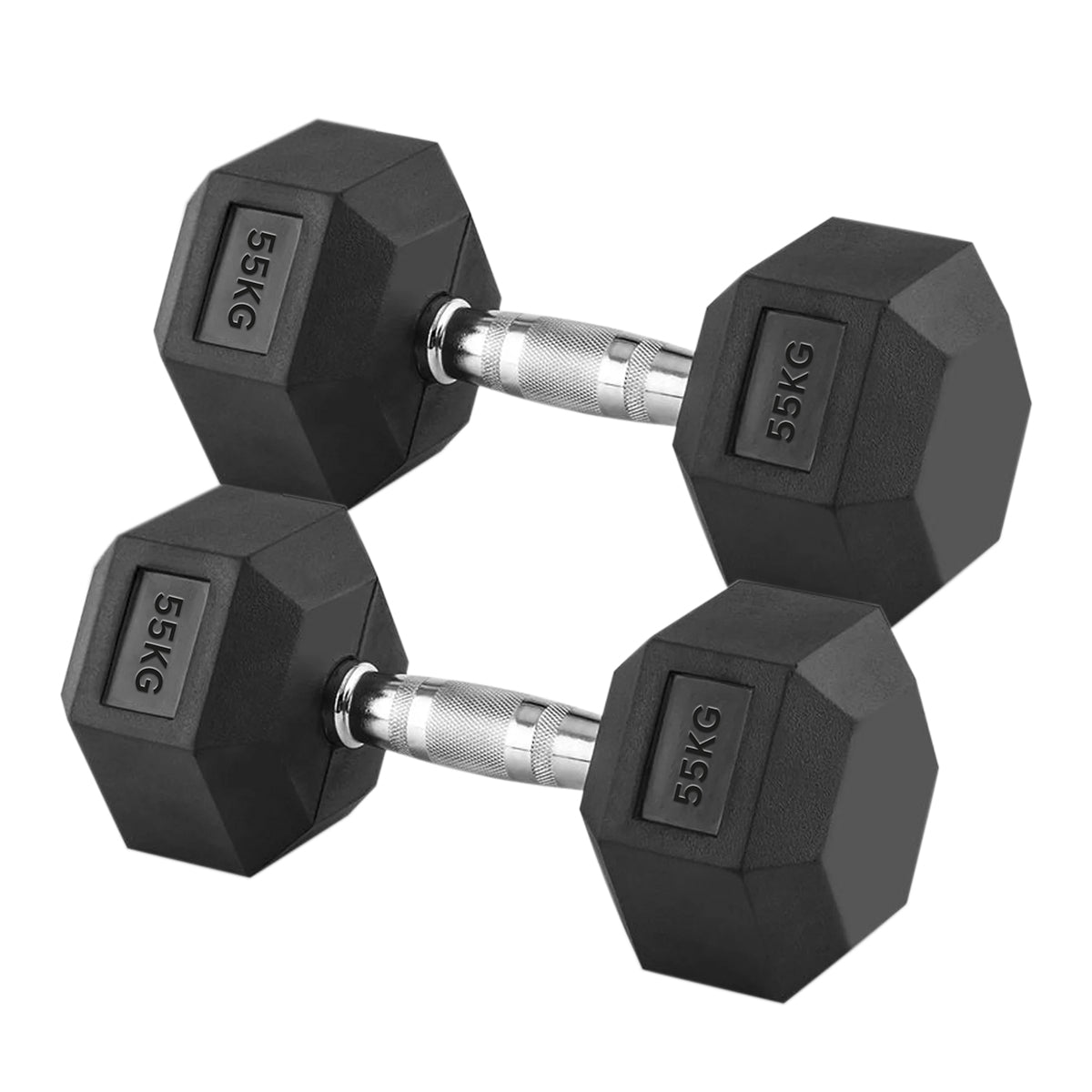 Pair of black hexagonal dumbbells with '55KG' marking on a white background