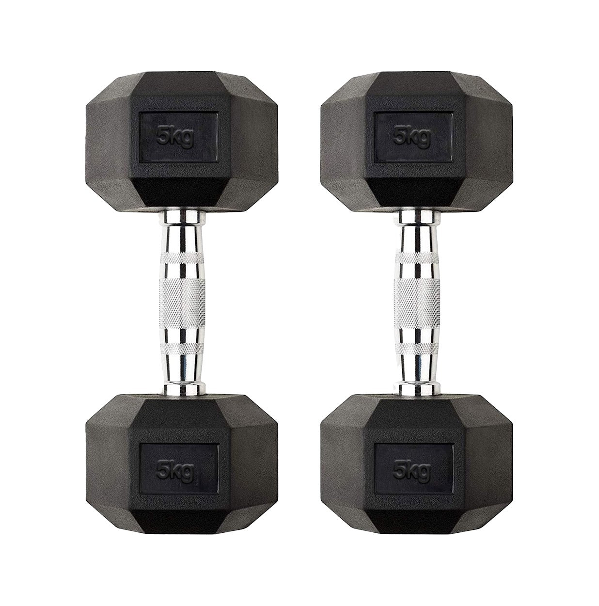 Pair of black hexagonal dumbbells with silver ends on a white background