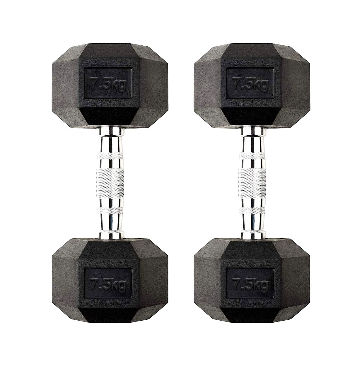 Pair of black hexagonal dumbbells with '7.5kg' marking on a white background