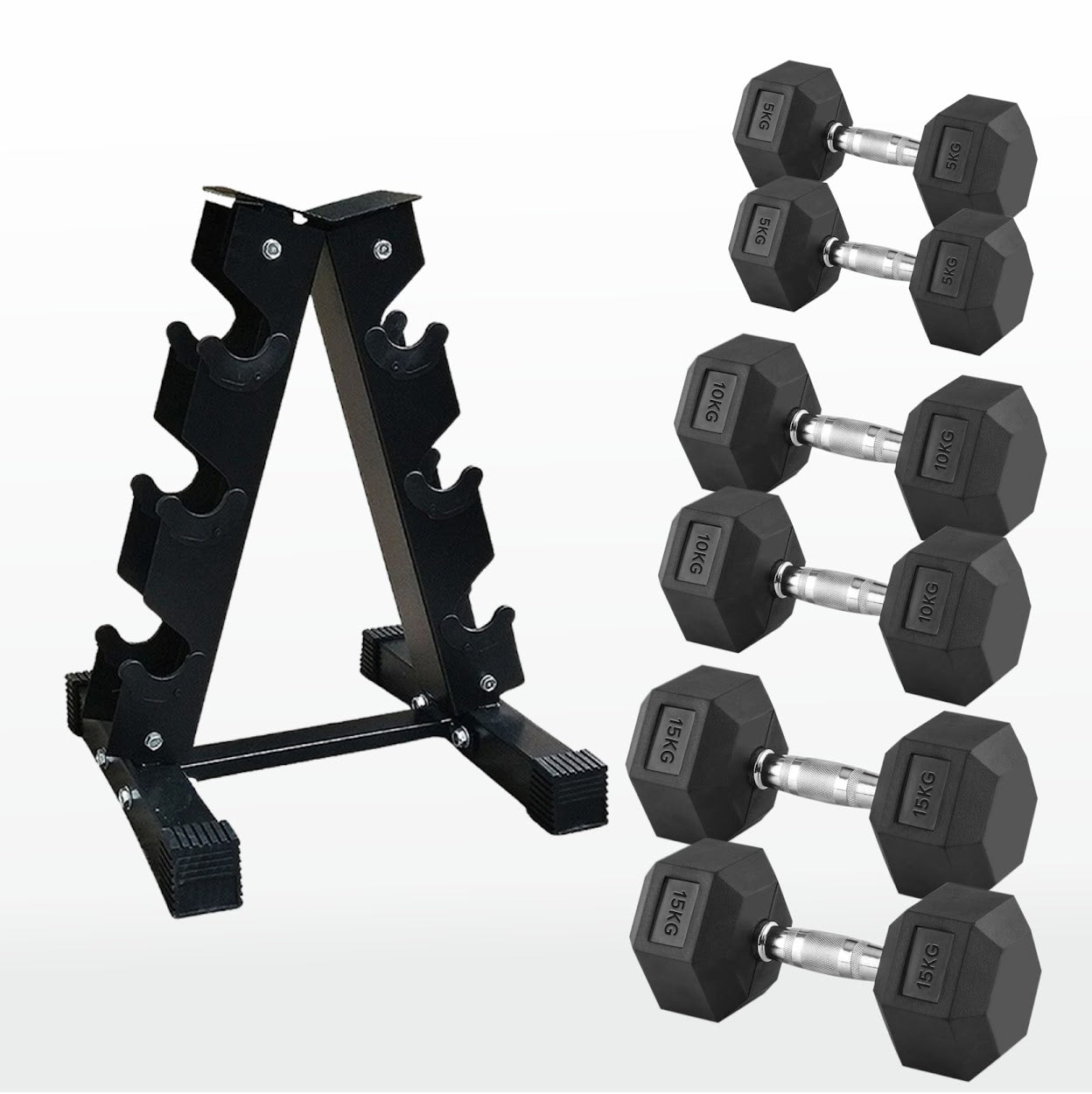 Set of black hexagonal dumbbells with a weight capacity indicator and a black metal dumbbell rack on a white background.