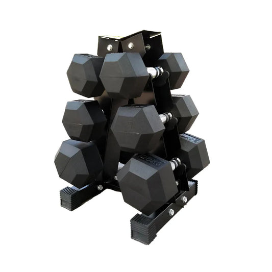 Set of black hexagonal dumbbells on a white background