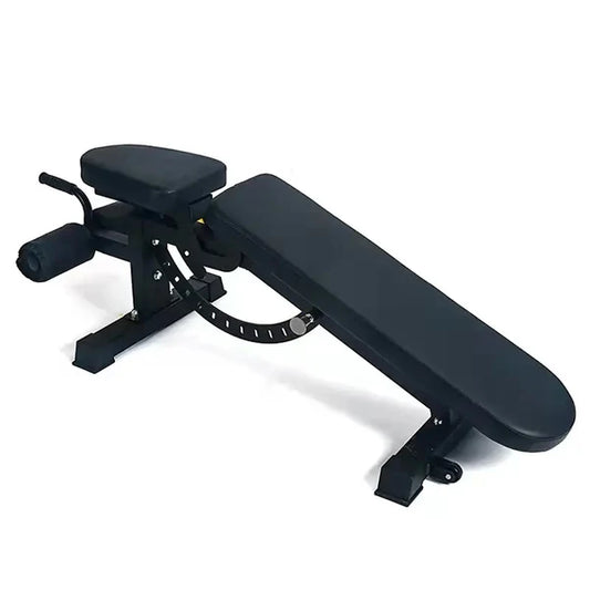 Black adjustable weight bench on a white background