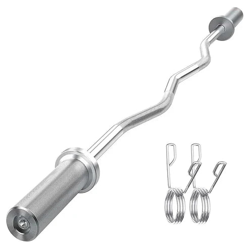 Silver curved barbell with attachments on a white background