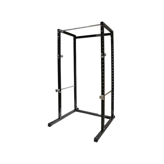 Black metal power rack on a white background
