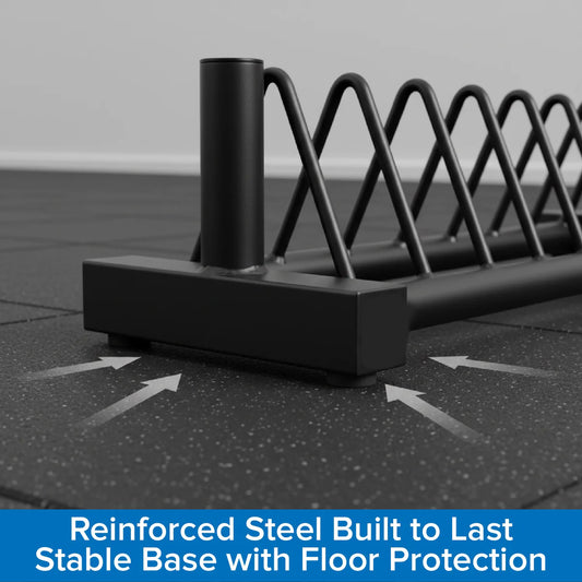 Black metal bike rack on a textured floor with text 'Reinforced Steel Built to Last Stable Base with Floor Protection'.