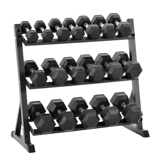 Black dumbbell rack with hexagonal dumbbells on a white background