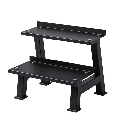 Black metal step stool on a white background