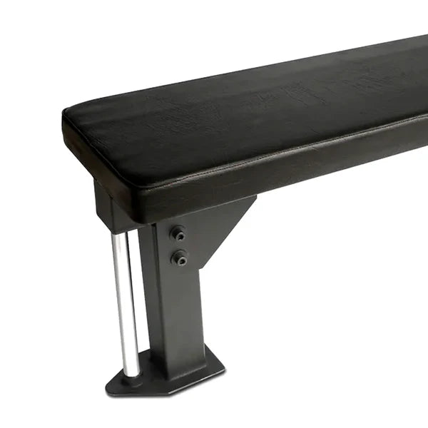 Black weight bench with a white background