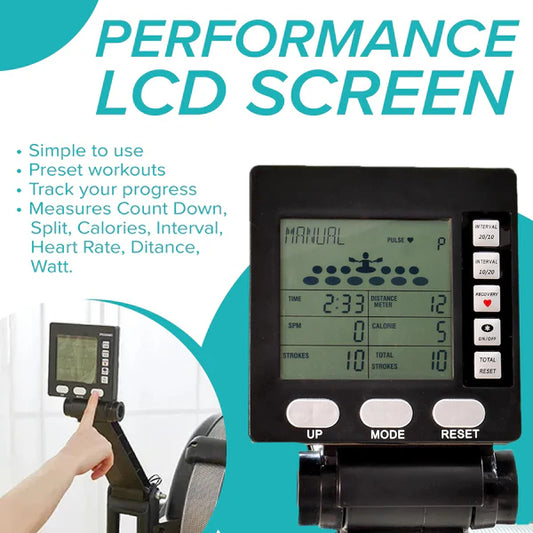 Digital display on a rowing machine with text highlighting features