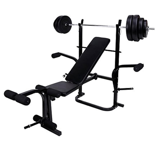 Black weight bench with weight plates on a white background