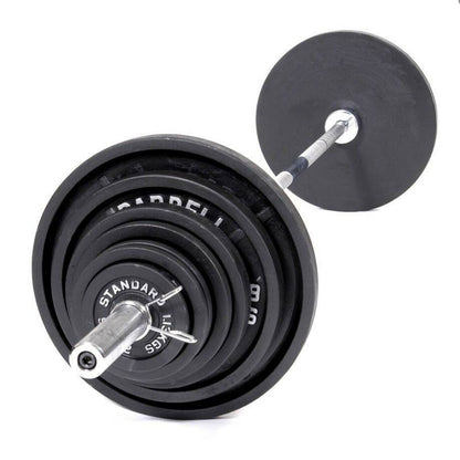 Set of black bumper plates with weight markings on a white background