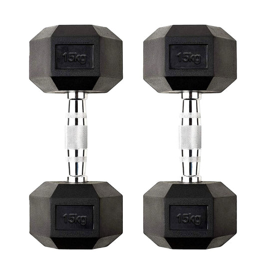 15kg Hex Dumbbell Rubber Encased with Heavy-Duty Steel Handle | Anti-Roll Strength Weights for Home Gym Power Training & Conditioning