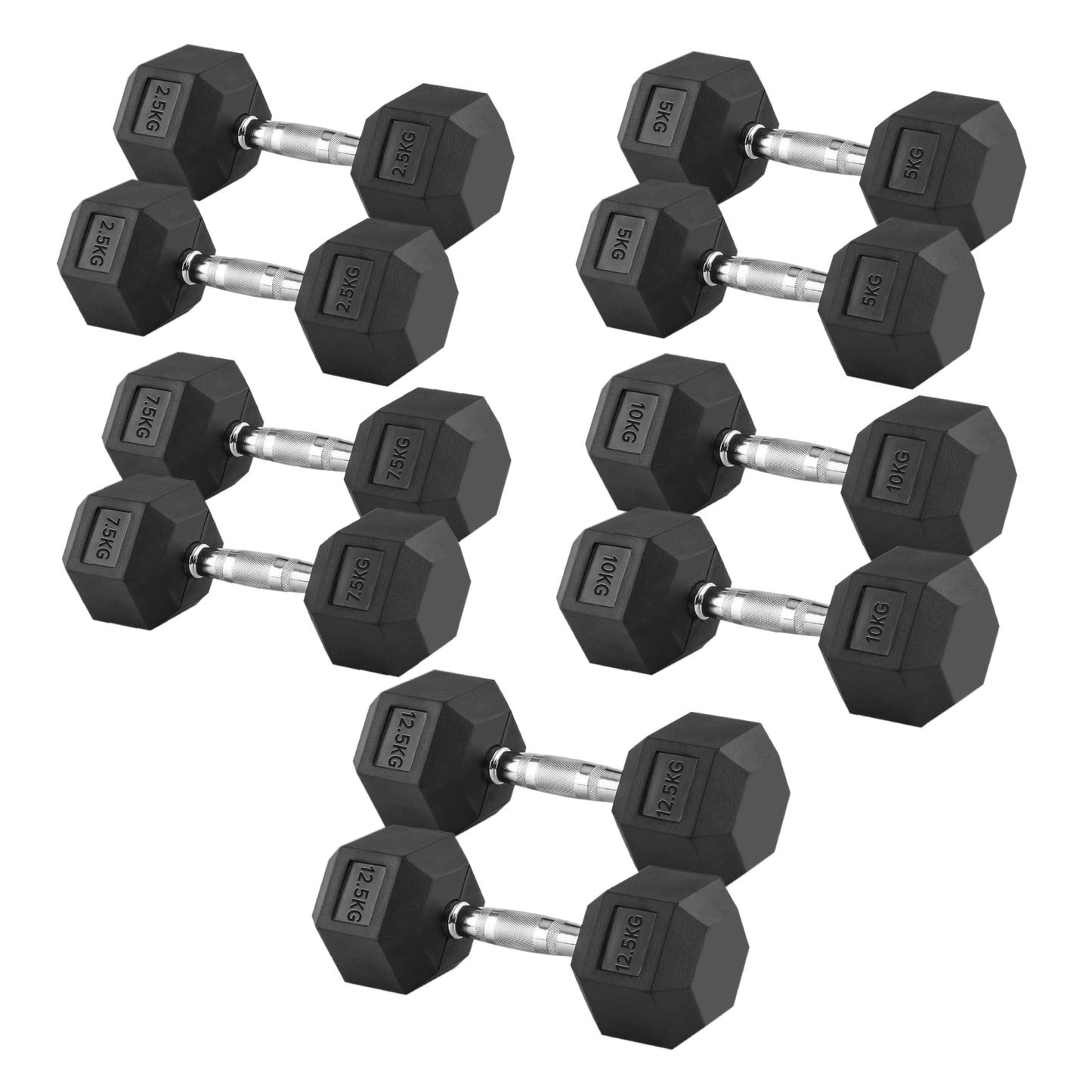 Set of black hex dumbbells on a white background