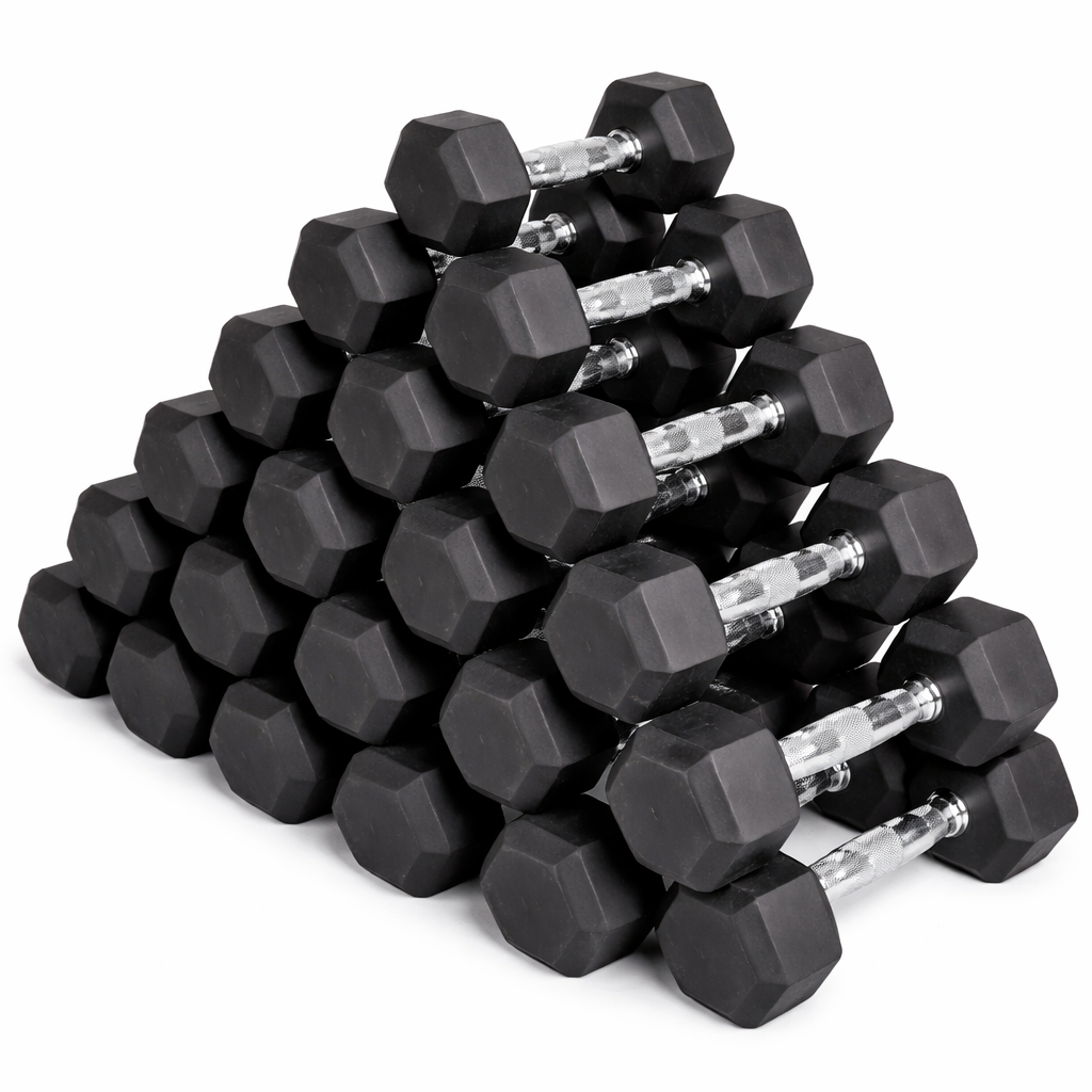 Professional Hex Dumbbells: Pairs & Complete Weight Sets - Rubber Coated Hexagonal Weights 2.5kg to 60kg with Anti-Roll Design, Metal Handles & Ergonomic Grip for Strength Training & Home Fitness
