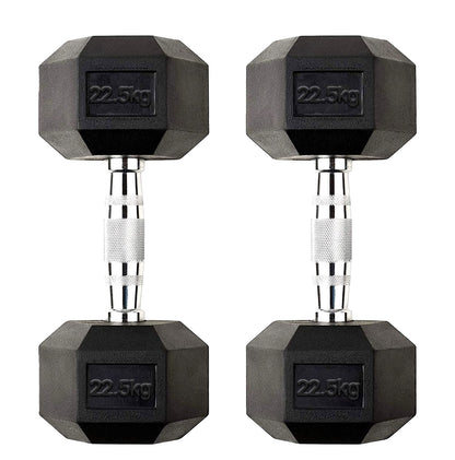 Pair of black hexagonal dumbbells with '22.5kg' marking on a white background