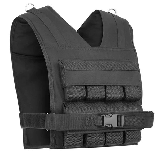 Black tactical vest with multiple pouches on a white background