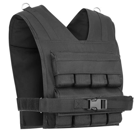 Black tactical vest with multiple pouches on a white background