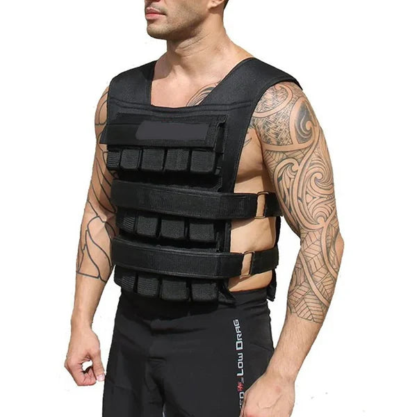 Person wearing a black weighted vest on a white background
