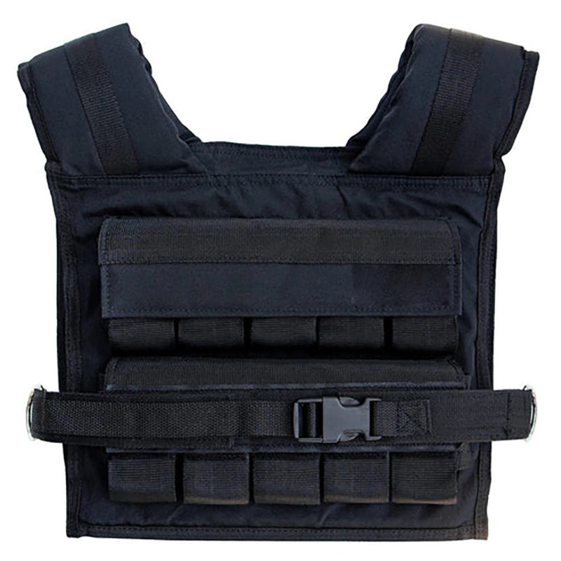 Black tactical vest with multiple pouches and straps on a white background