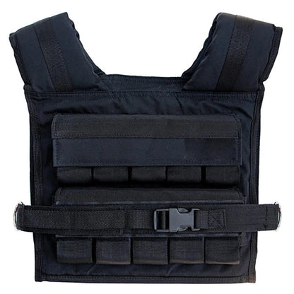 Black tactical vest with multiple pouches and straps on a white background