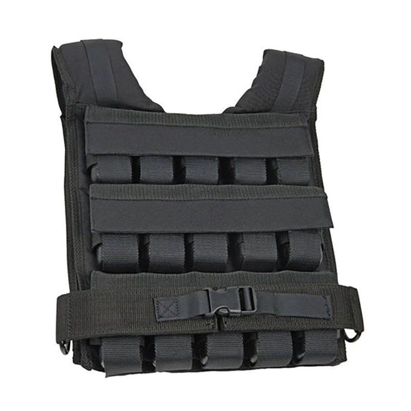 Black tactical vest with multiple pouches on a white background