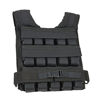 Black tactical vest with multiple pouches on a white background