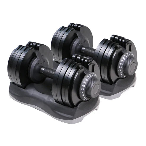 Pair of adjustable dumbbells on a white background