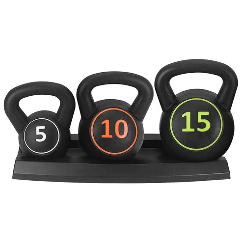 Set of three black kettlebells with weight markings on a white background