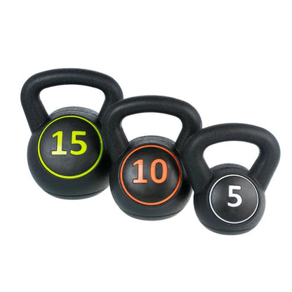 Three black kettlebells with numbered labels on a white background