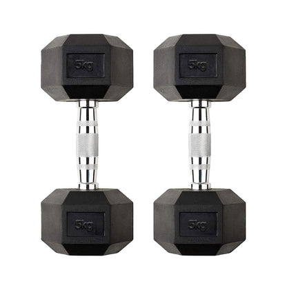 Pair of black hexagonal dumbbells with silver ends on a white background