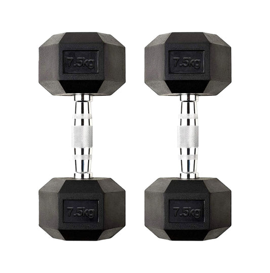 7.5kg Hex Dumbbell Rubber Encased with Textured Metal Grip | Stable Anti-Roll Weights for Home Gym Training & Full Body Workouts