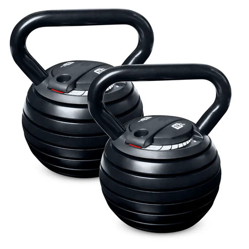 Two black kettlebells on a white background