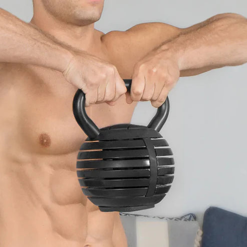Black adjustable dumbbell with weight plates on a white background