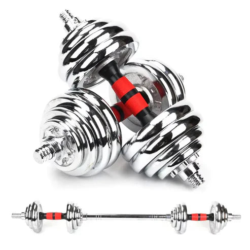 Pair of chrome dumbbells with red and black resistance bands on a white background