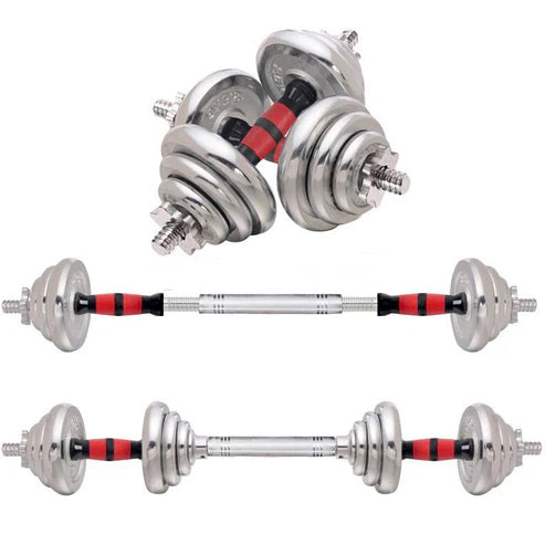 Set of silver dumbbells with red and black accents on a white background