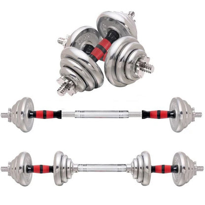 Set of silver dumbbells with red and black accents on a white background