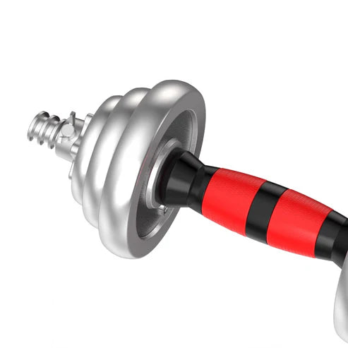 Barbell and dumbbell set with interchangeable weights on a gray background