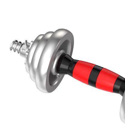Barbell and dumbbell set with interchangeable weights on a gray background