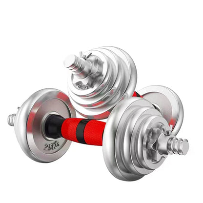 Barbell and dumbbell set with interchangeable weights on a gray background