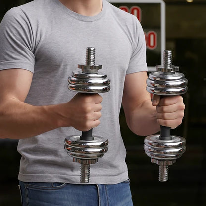 Barbell and dumbbell set with interchangeable weights on a gray background