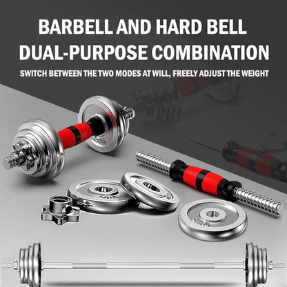 Barbell and dumbbell set with interchangeable weights on a gray background